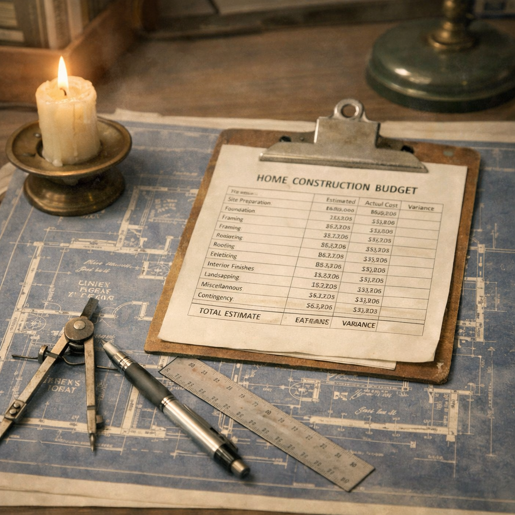 a budget laid on top of a home design blueprint